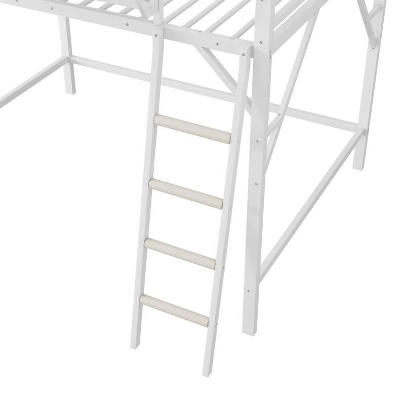 Queen Size Loft Bed with Ladder, Storage Shelves for Kids Teens