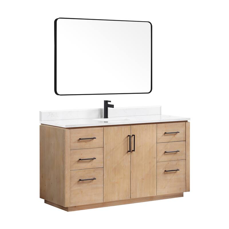 San Single Bath Vanity with Composite Stone Top and Mirror - 60in. - Fir Wood Brown