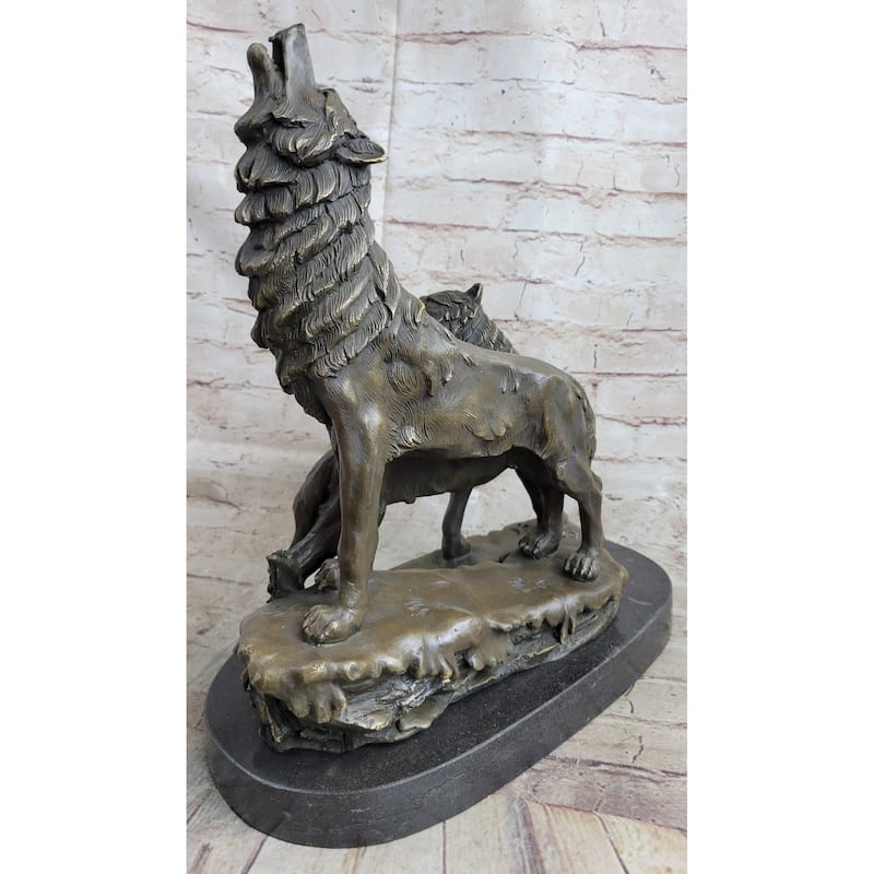 Signed Original Howling Imitative Wolf Bronze Sculpture Marble Base Statue Gift Decor Gift