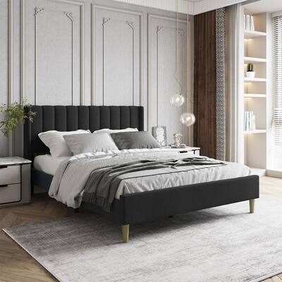Queen Size Upholstered Bed Frame with Headboard Mattress, Dark Grey