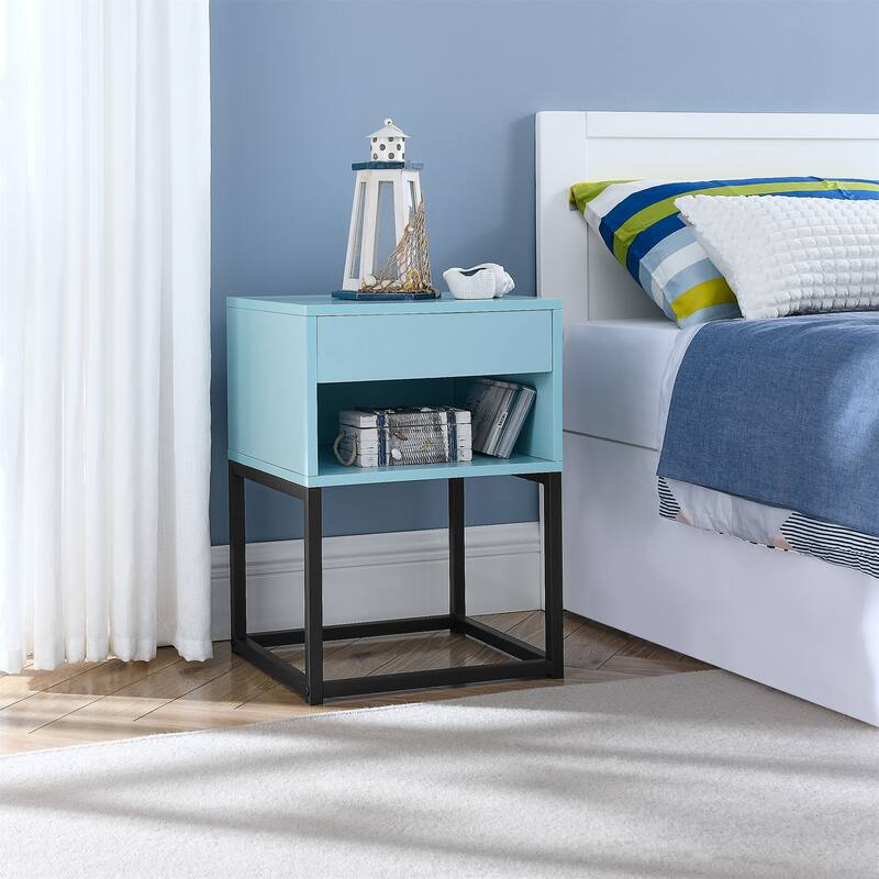 BIKAHOM Simple End Table with Drawer and Shelf for Any Room,Nightstand,Metal Leg Design