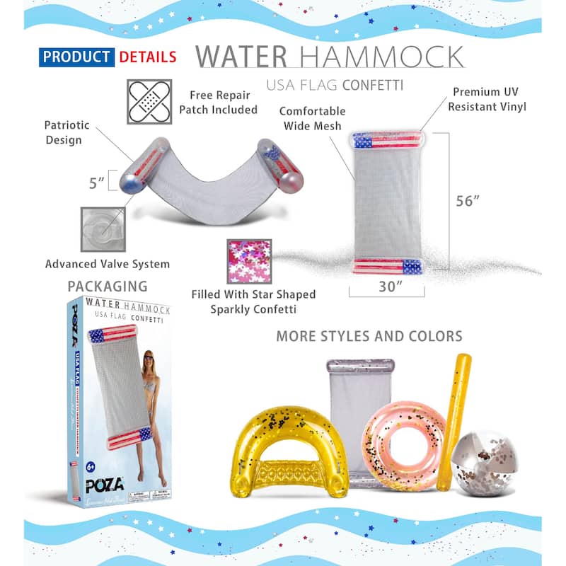 POZA Inflatable Water Hammock Pool Float Lounger Filled with Confetti - 56" x 30"