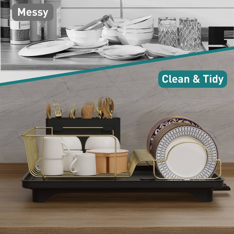 Dish Drying Rack for Kitchen Countertop, Gold Stainless Steel Dish Drainer with Drain Board, Utensil Holder & Anti-Slip Feet