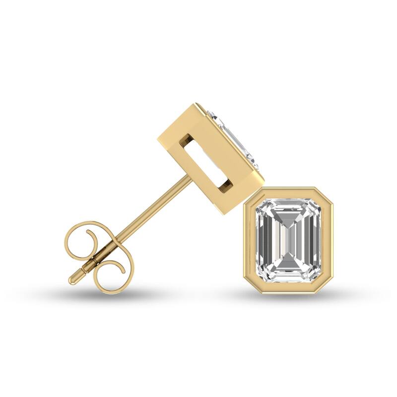 Marquee Lab Grown 3/4 Carat Emerald Bezel Set Diamond Solitaire Earrings in 14K Yellow Gold