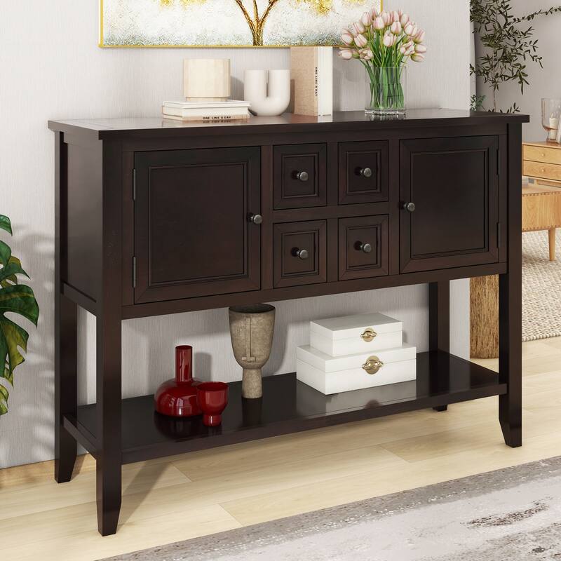 Ample Storage Vintage Console Table with Four Small Drawers and Bottom Shelf for Living Rooms, Entrances and Kitchens