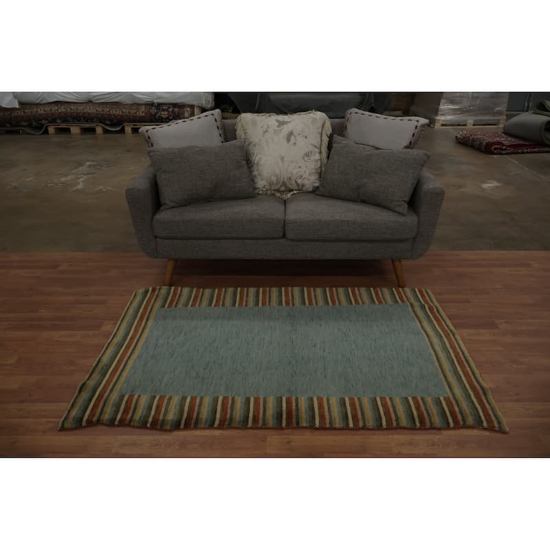 Hand Knotted Oriental 100% Wool Carpet Modern Geometric Green Gabbeh Area Rug - 5' 7'' X 3' 5''