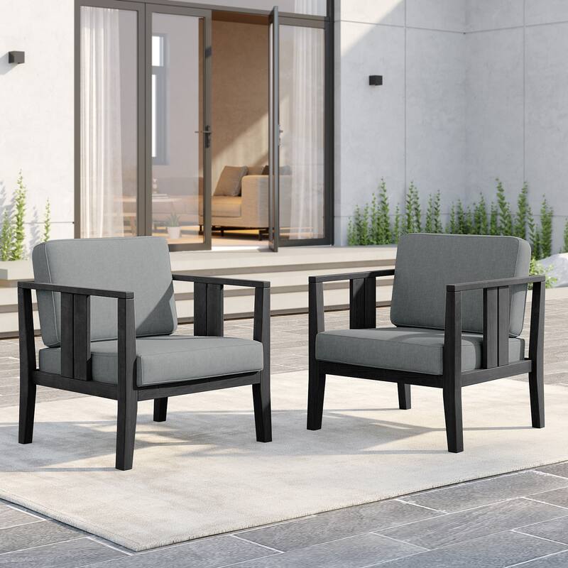 Outdoor Teak Solid Wood Patio Furniture Set Loveseat Armchair Table Collection - Two Accent Chairs - Blackframe-Grey