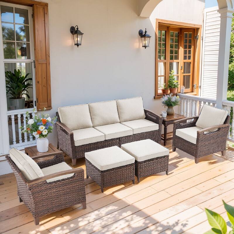 Pocassy Outdoor Club Chair with Cushion Set - Beige Cushion - 3-Seat Sofa with Club Chair Ottoman Set