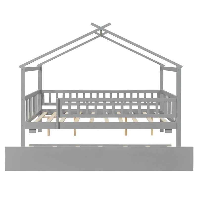 Full Size Wooden House Bed with Twin Size Trundle