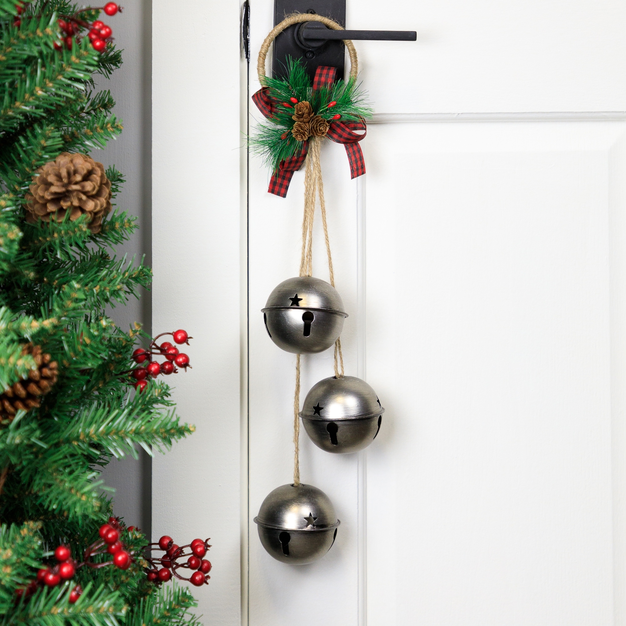 Jingle Bells with Plaid Bow Christmas Decoration - 20" - Silver