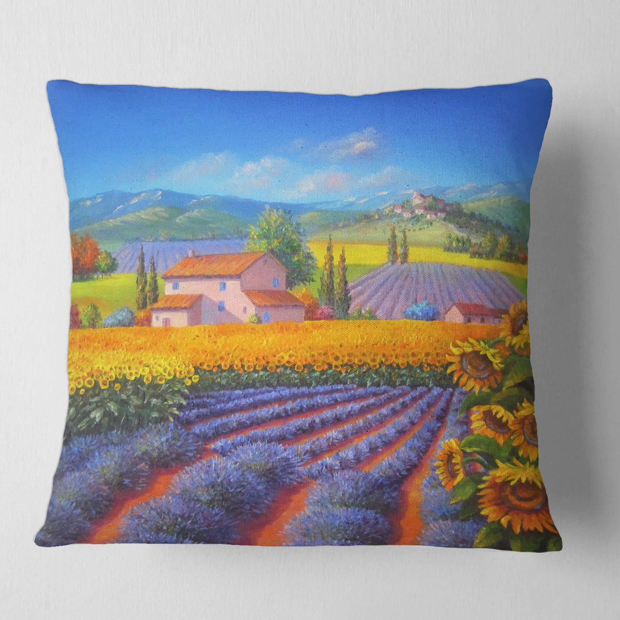 Designart 'Lavender and Sunflower Fields' Traditional Printed Throw Pillow