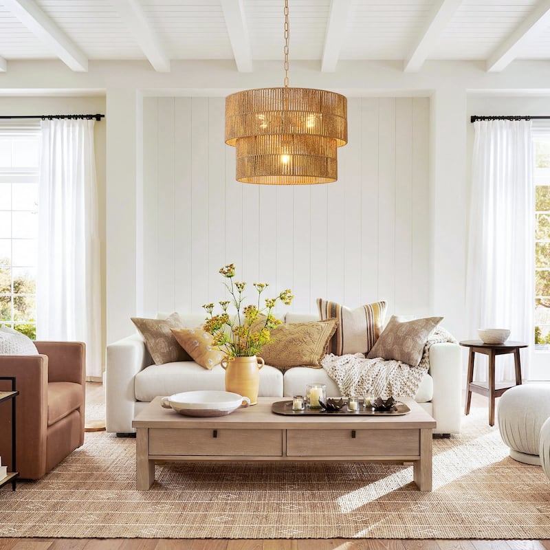 5-Light Rattan Tiered Drum Chandelier Light -21.7 in. W - 21.7 in. W