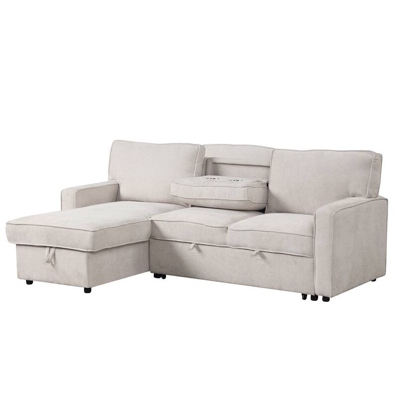 Upholstery Sleeper Sectional Sofa with Storage, USB Ports & Cup Holders, Convertible L-Shaped Couch with Chaise