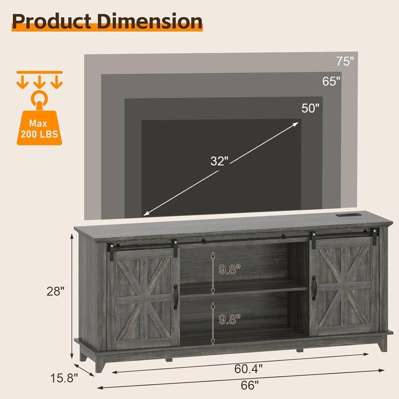 66" Farmhouse TV Stand, Entertainment Center with Adjustable Shelf - N/A