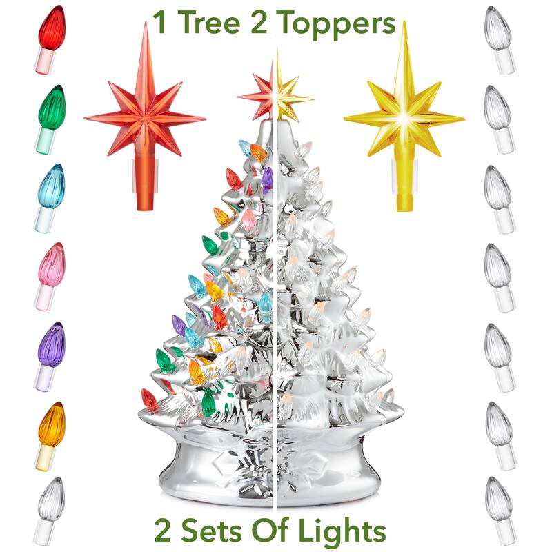 15in Hand Painted Ceramic Christmas Tree Silver PreLit Tree w Star