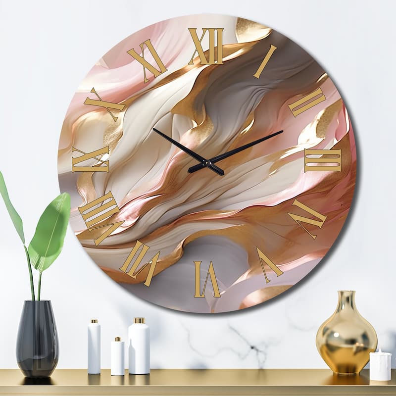 Designart "Subtle Serenity Liquid Art Gold Waves I" Abstract Shapes Oversized Wall Clock - 29 In. Wide x 29 In. High