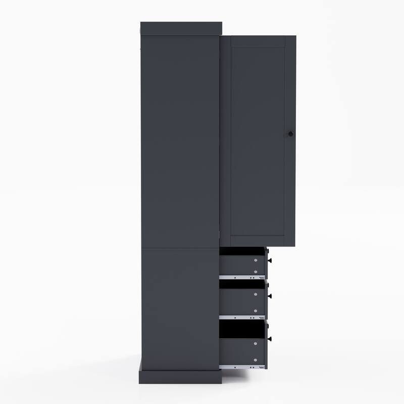 Kitchen Pantry Cabinet with 8 Doors Shelves, Wood Storage Cabinet with 3 Storage Drawers, Cupboard with Adjustable Shelves