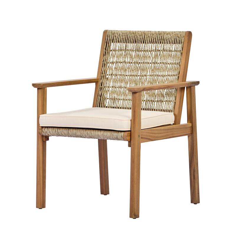 Christopher Knight Home - Outdoor Acacia Wood Dining Arm Chair with Wicker Back and Waterproof Cushions