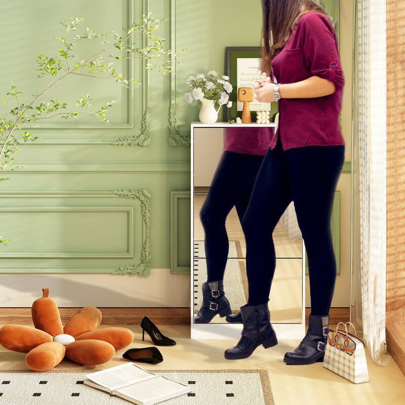 Timechee Mirrored Flip Drawer Shoe Cabinet Storage Cabinet Organizer