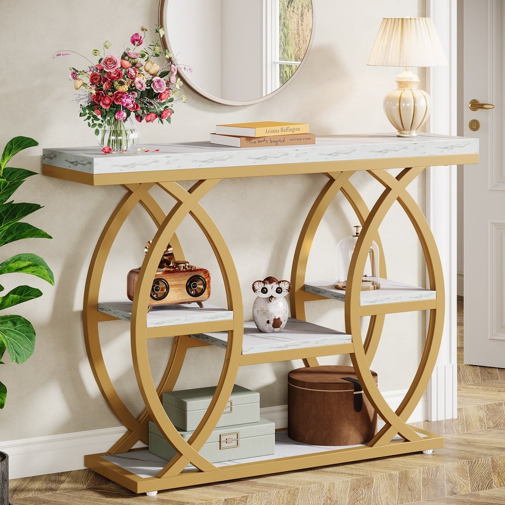 Industrial Console Table, 4-Tier Sofa Table with Geometric Metal Frame