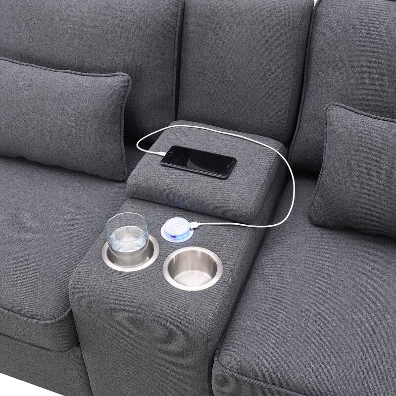 114.2" Linen Fabric Upholstered Sofa with 2 USB Ports and 2 Cupholders