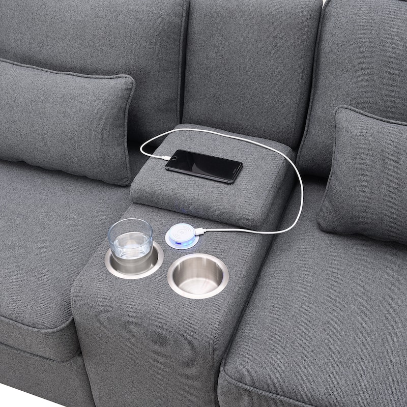 Modern Linen Fabric Upholstered Sofa with Console, 4Pillows,Cupholders,USB,Dark Gray