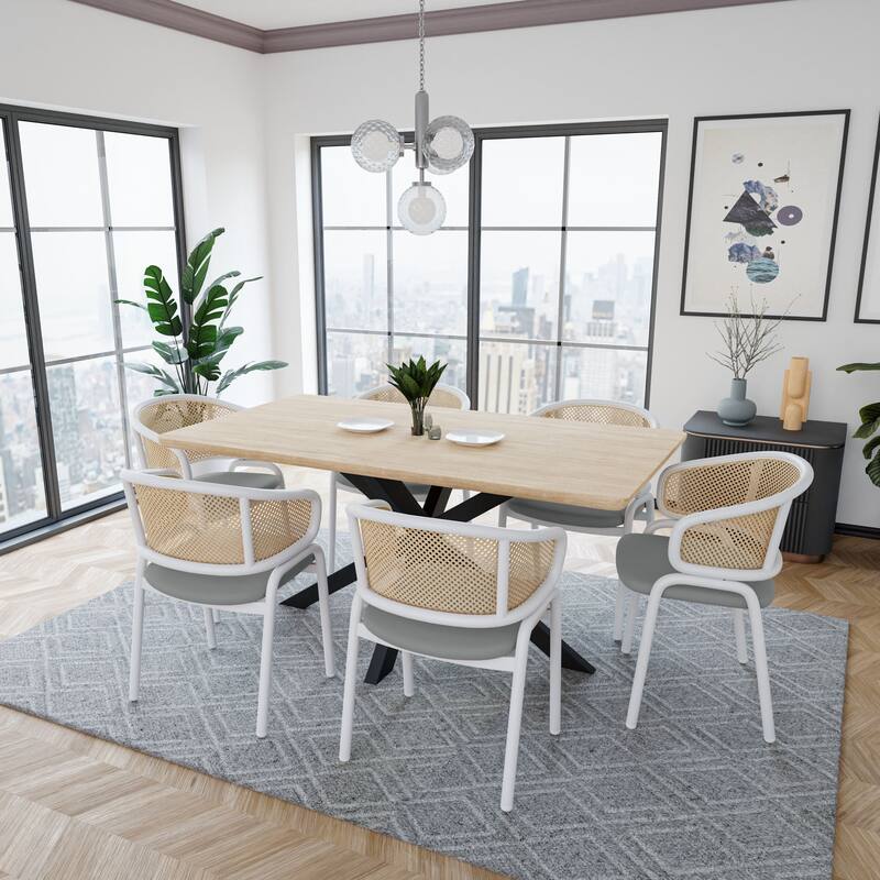 LeisureMod Set of 2 Minimalist Leather Dining Chairs with Wicker Back in Steel Frame - Side Chair for Home Office & Kitchen