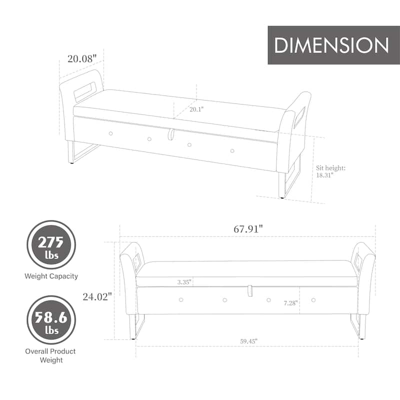 67.91"Wide Velvet Storage Soft Bench with Armrests for Living Room, Entryway and Bedroom