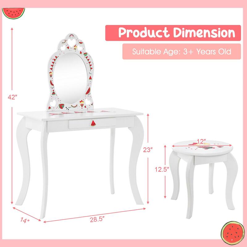 Gymax Kid Vanity Table Stool Set Storage Drawer Watermelon Patterns