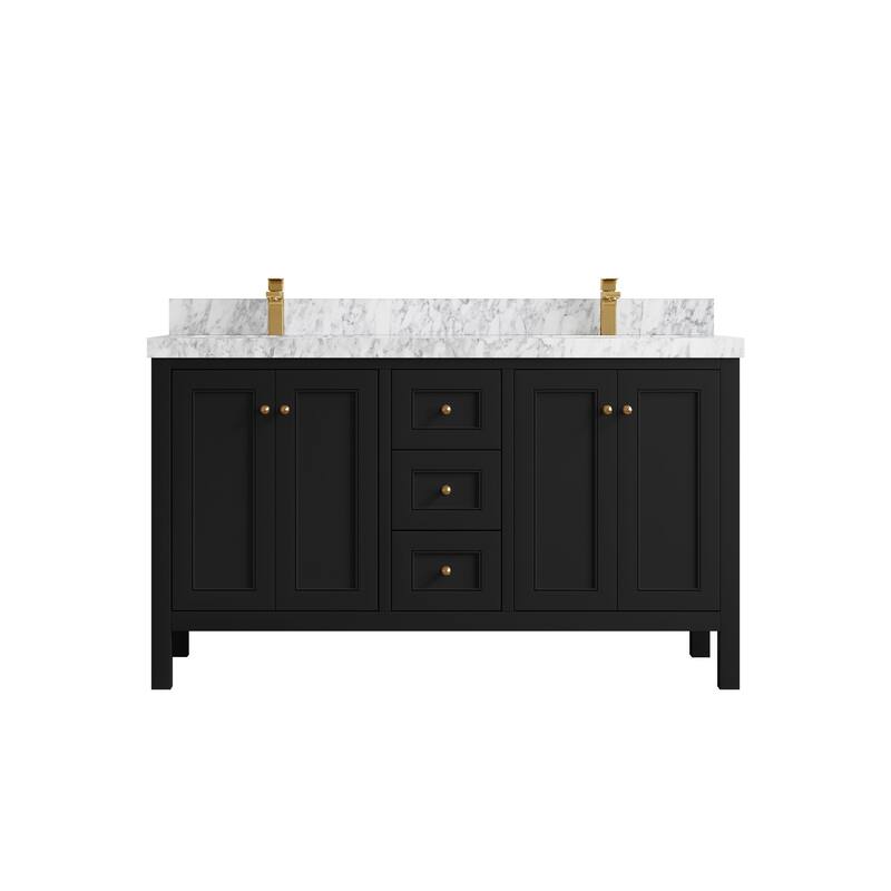 Willow Collections 60 in. W x 22 in. D Nashville Double Bowl Sink Bathroom Vanity with Countertop - 2”Carrara Marble - Black