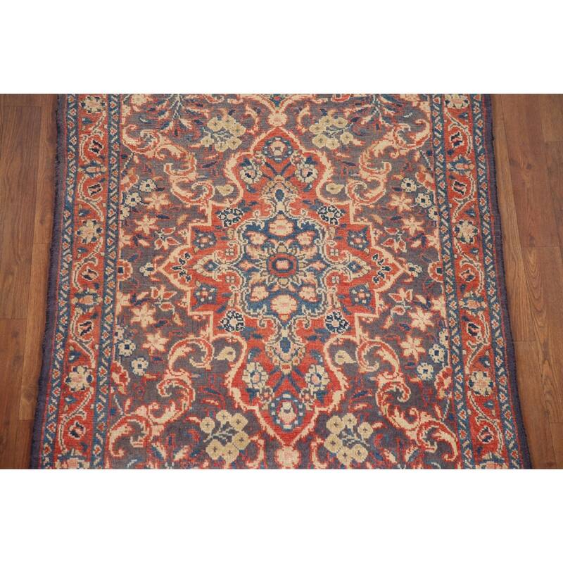 Hand Knotted Oriental 100% Wool Carpet Traditional Floral Navy Blue & Blues Mahal Runner Rug - 10' 10'' X 3' 3''