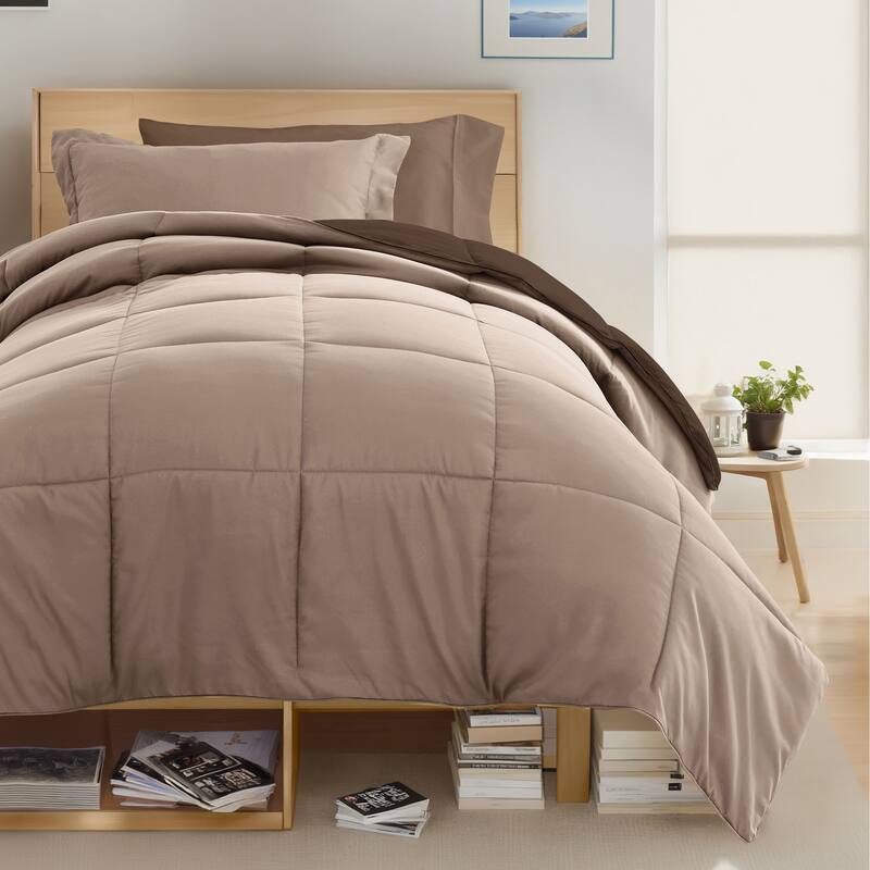 8pc Twin XL Solid Dorm Bedding Bundle - Taupe / Chocolate