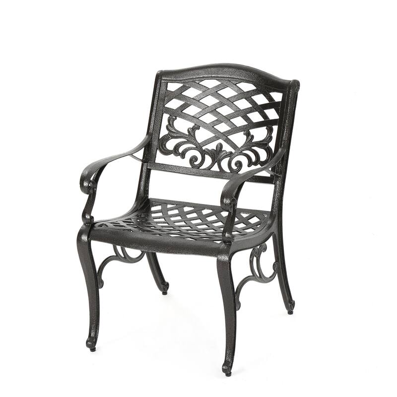 Roomfitters Outdoor Aluminum Dining Set with Lattice-Pattern Round Table and Four Armchairs for Stylish Patio Dining