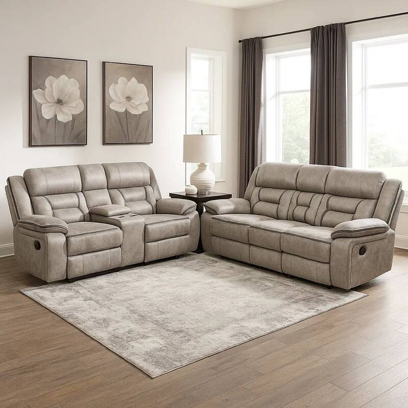 Garie 2pc Manual Reclining Sofa and Loveseat Set, Taupe Faux Leather