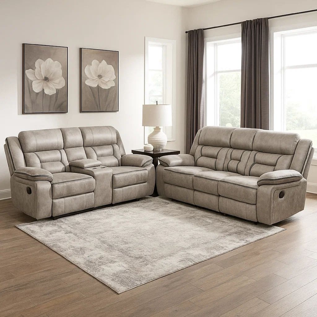 Garie 2pc Manual Reclining Sofa and Loveseat Set, Taupe Faux Leather
