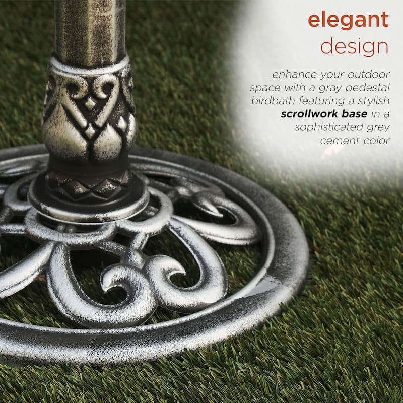 Gray Pedestal Birdbath w/ Scrollwork Base and Ground Stakes