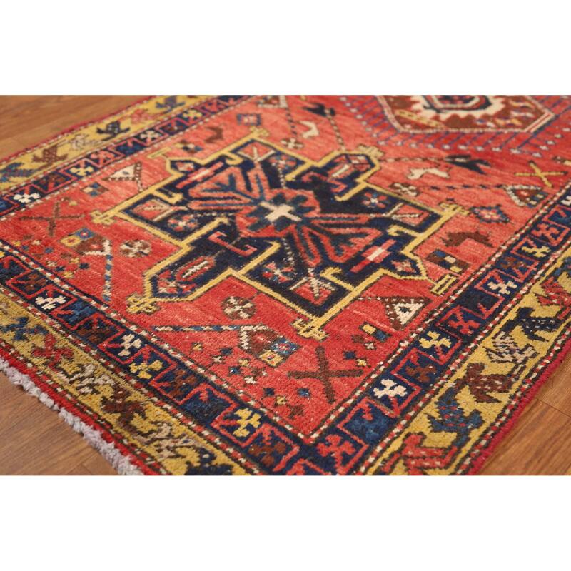 Hand Knotted Oriental 100% Wool Carpet Traditional Geometric Oranges & Rust Heriz Runner Rug - 10' 4'' X 2' 7''