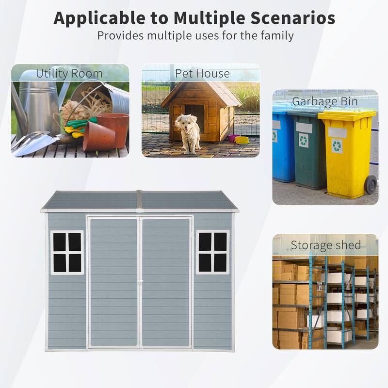 Resin Outdoor Storage Shed UV-Proof Garden Tool Shed with Sloping Roof & Lockable Double Doors, Built-in Floor