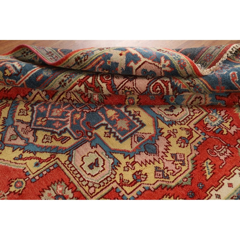 Geometric Heriz Serapi Indian Rug Hand-Knotted Orange Wool Carpet - 7'10"x 9'9"