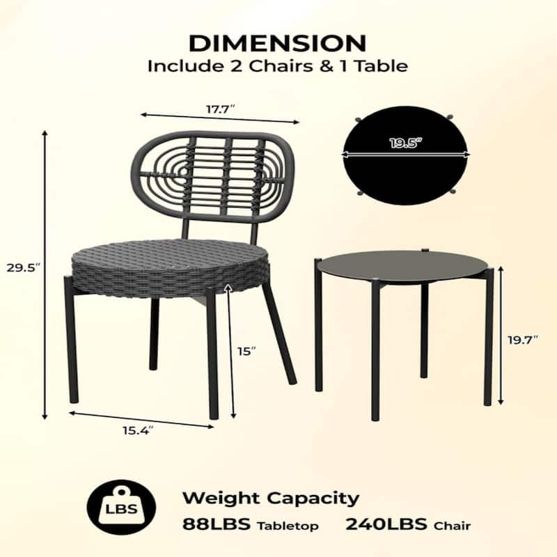 3 Piece Outdoor Bistro Set, Patio Rattan Bistro Set with Coffee Table, Black Steel Frame + Grey Rattan - N/A