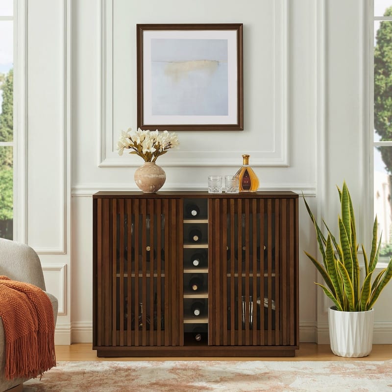 Mid Century Modern Fluted Buffet Cabinet with Wine Glass Holder and Wine Rack