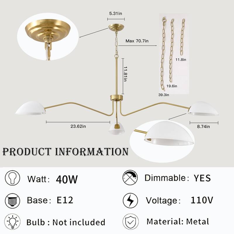 Mid Century Modern Chandelier, 3 Light Gold Chandelier with Milk White Glass Shade - 3 Light-65.5*32.48in