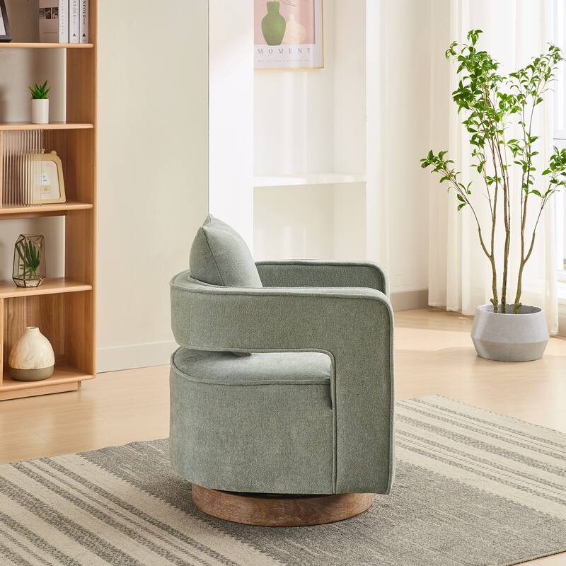 Modern 29.13" Swivel Open Back Accent Chair With Weathered Finishing Rubber Wood Base and Pillow