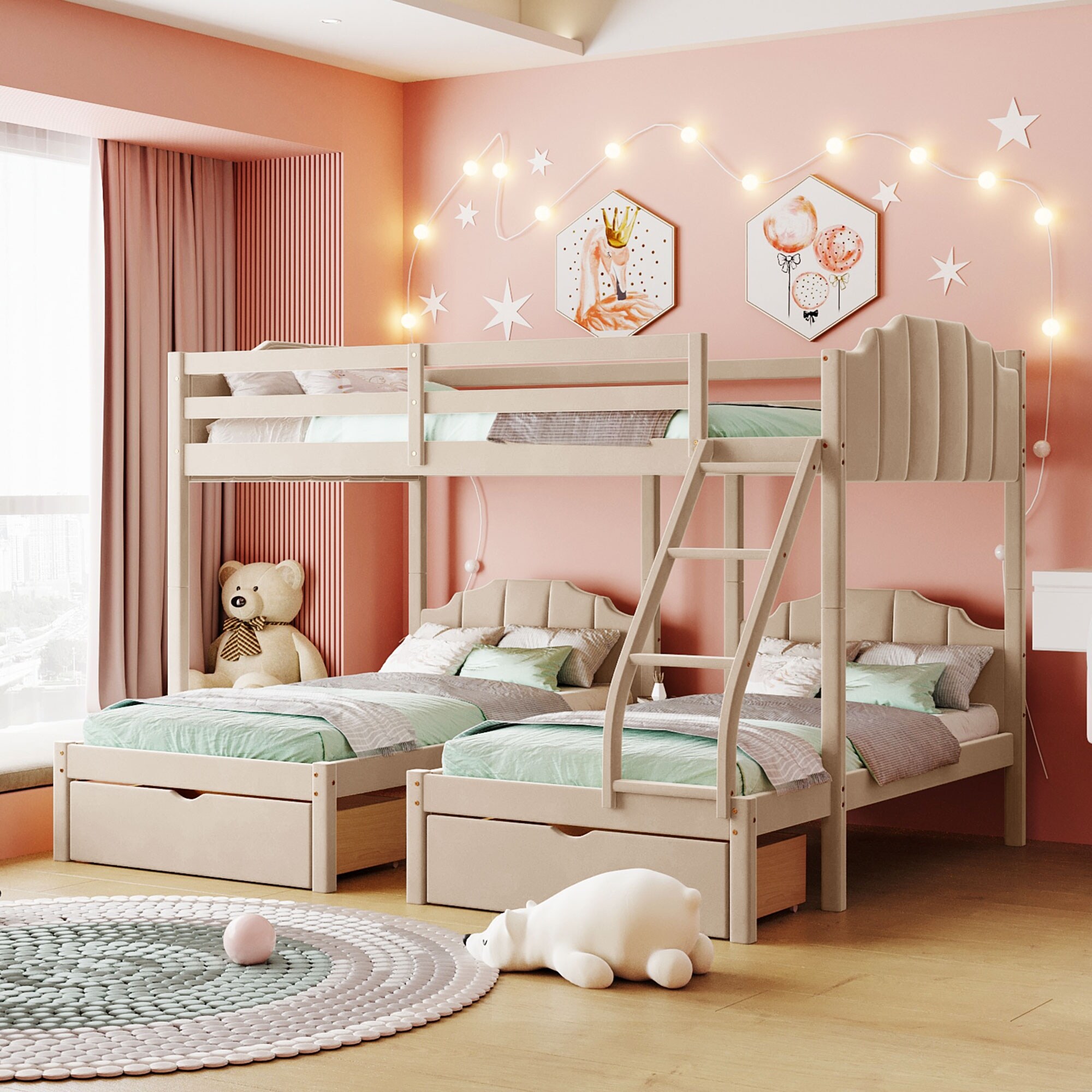 Full Over Twin & Twin Velvet Bunk Bed with Drawers - Bed Bath