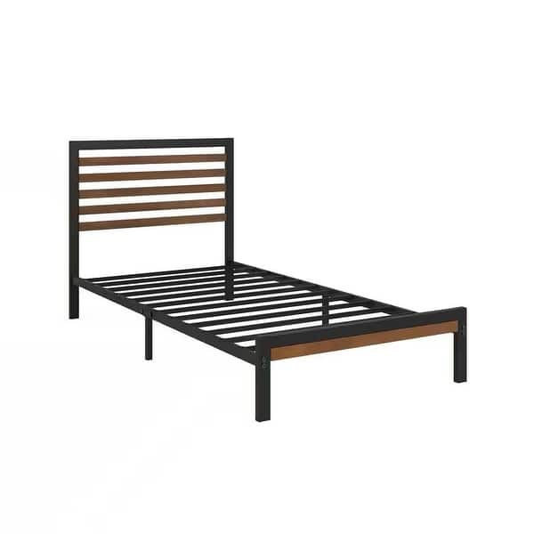 slide 2 of 5, Twin Student Dorm Black Metal Platform Bed with Brown Wood Slat Headboard Black-Brown