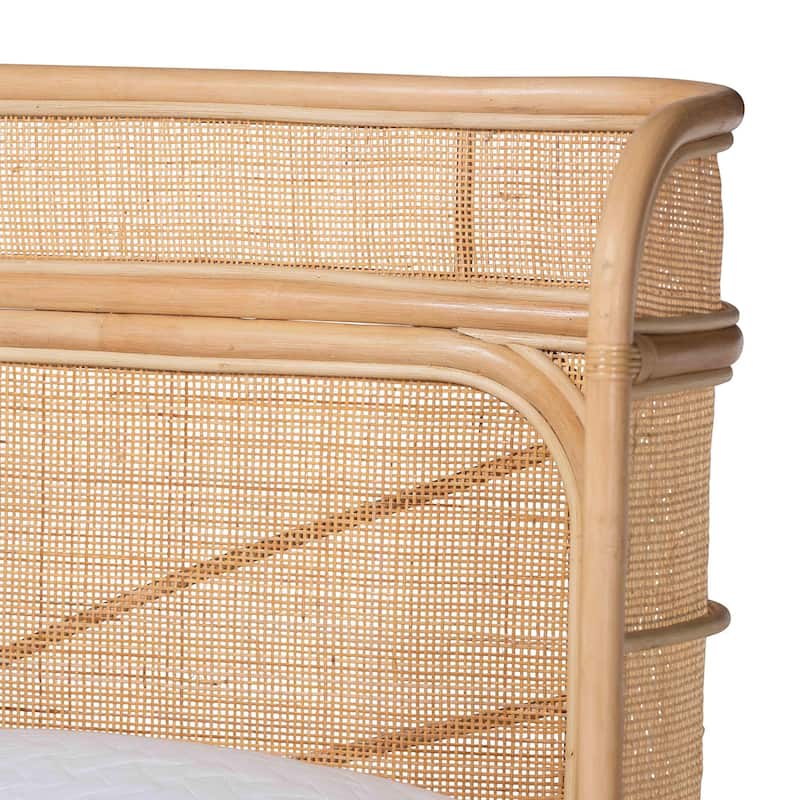 Fiore Natural Rattan Bed Frame - Handwoven Wicker Headboard and Footboard with Curved Corners, Boho Coastal Furniture, Queen
