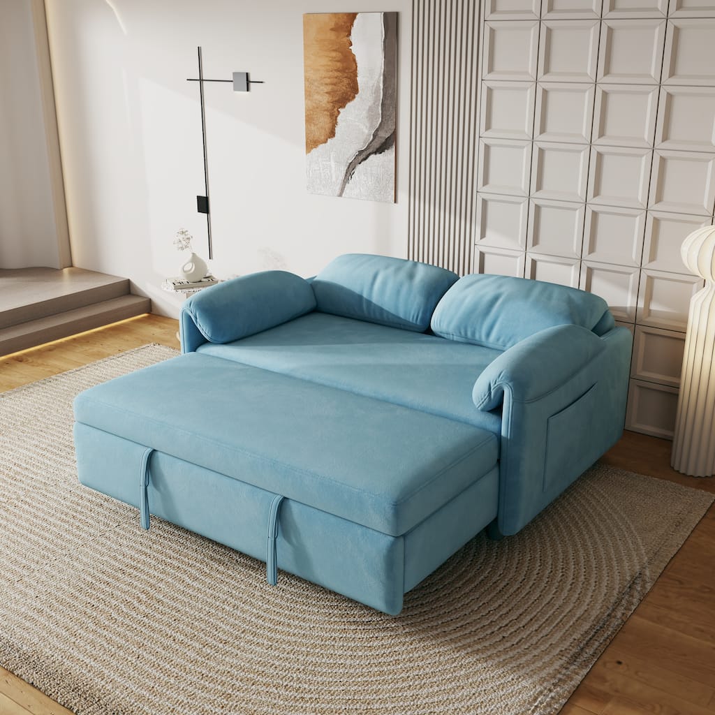 Sofa Showcase: 54" Velvet Blue Sofa Bed - A Dual-Purpose Living Room Gem with a Retractable Bed Option
