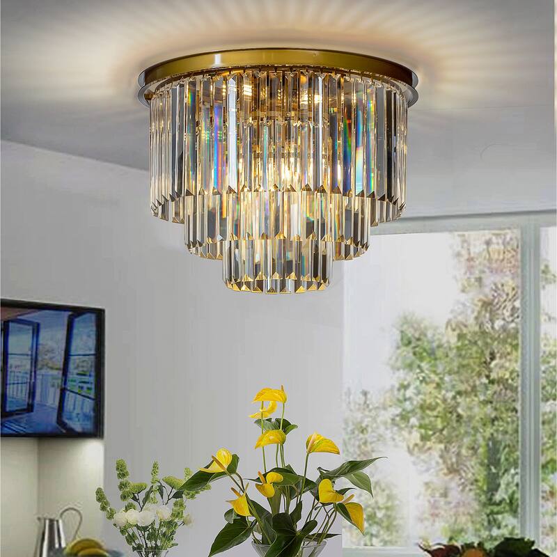 6-Lights Modern 3-Tier Round Fringe Crystal Flush Mount Light