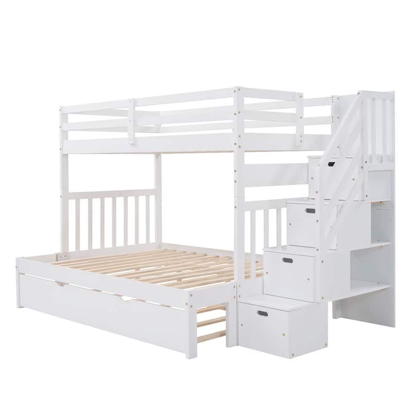 Twin Over Full Bunk Bed with Trundle and Storage Stairs Solid Pine Wood Frame