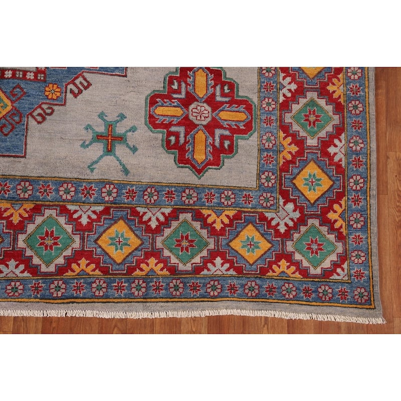 Grey Geometric Kazak Area Rug Hand-Knotted Wool Carpet - 8'2"x 11'5"